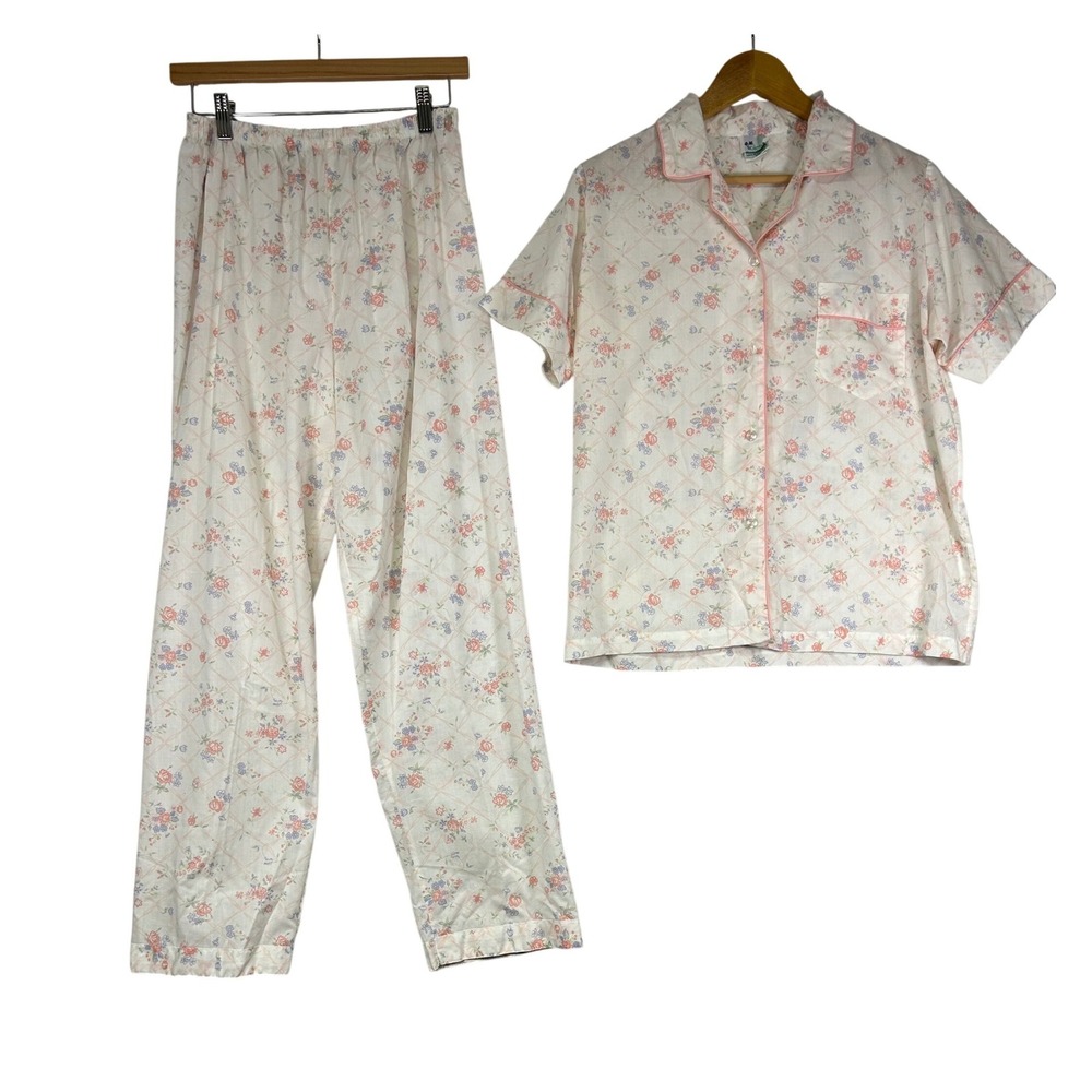 Grandmacore Vintage‎ Violette Womens 36 White Floral Lattice Pajama Set 2pc Pink